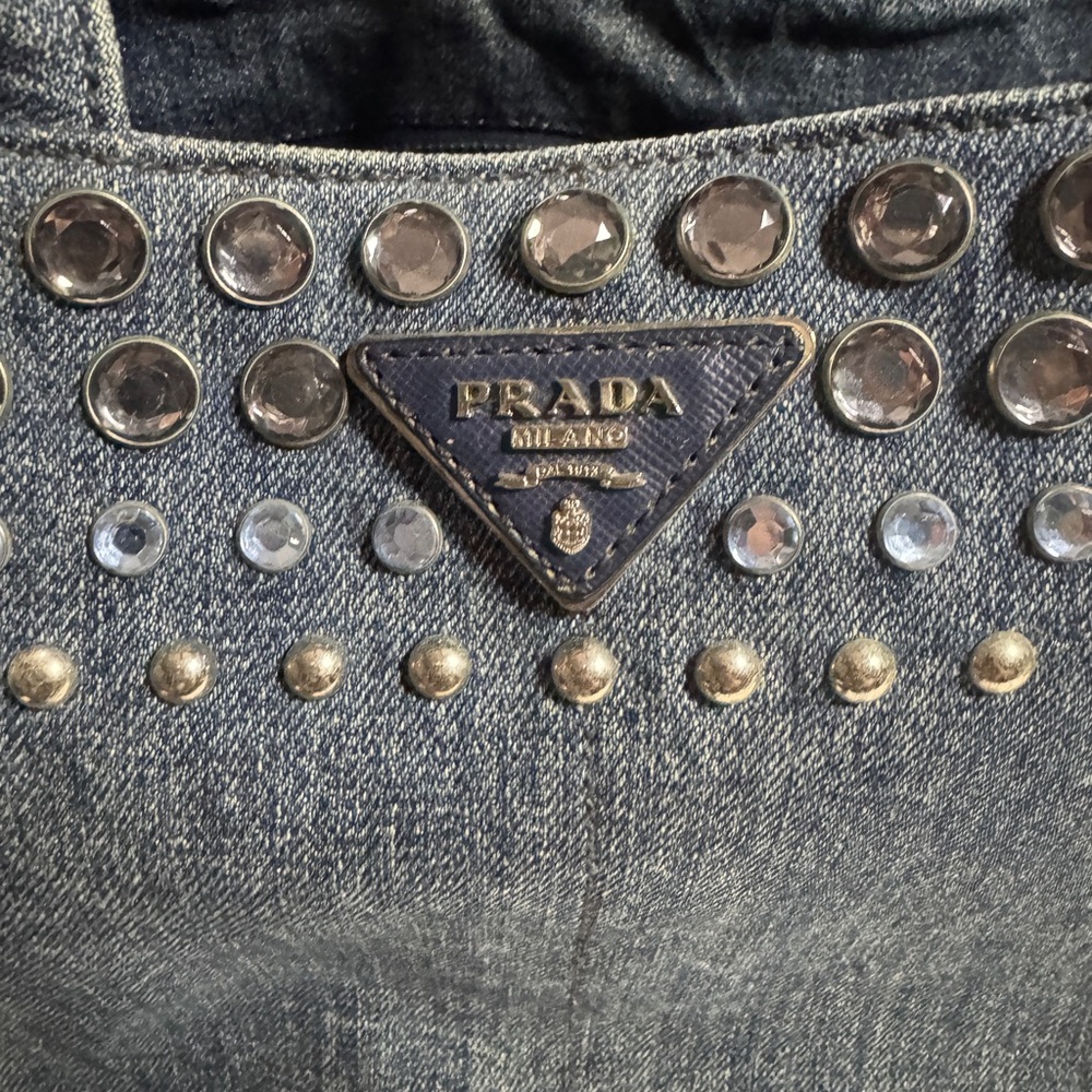 Prada Canapa studded with sparkly bling Blue Denim Studded Tote Bag - Picture 3 of 14